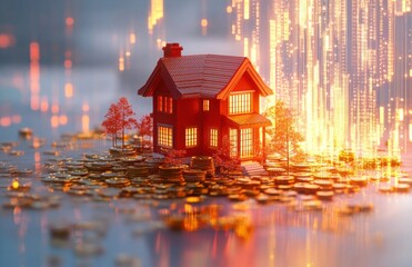 Poster - Miniature house surrounded by digital data streams and currency symbols representing property investment and financial growth in a modern economy