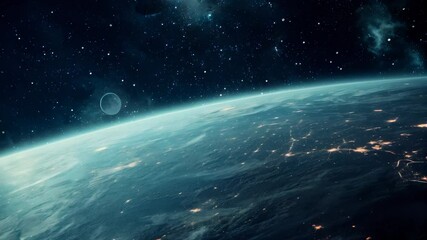 Wall Mural - he breathtaking view of Earth illuminated at night, surrounded by stars and celestial bodies. The cosmic scene evokes a sense of wonder and discovery in space.
