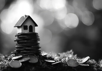 Poster - Model house on a stack of coins with blurred background representing financial growth in real estate and investment opportunities in a monochrome setting