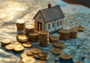 Poster - Model house surrounded by gold coins on a map, symbolizing real estate investment and financial planning for future prosperity and wealth management opportunities