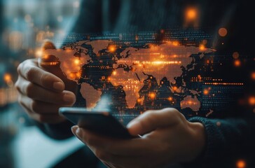 Poster - Person Holding Smartphone in Front of Digital World Map with Data Visualizations and Illuminated Elements for Technology and Connectivity Themes