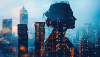 Poster - Profile silhouette of a woman with city skyline and coin stacks, representing financial growth, investment, ambition, urban life, and future aspirations