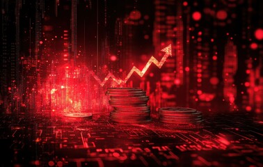 Poster - Red Digital Graphic with Stacks of Coins and Upward Arrow Representing Financial Growth and Market Performance in a High-Tech Environment