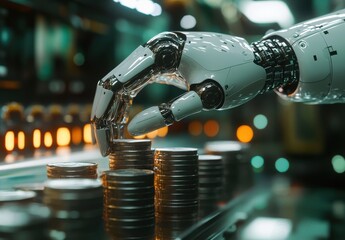 Poster - Robotic Hand Collecting Coins in High-Tech Environment with Futuristic Design, Showcasing Automation, Money Management, and Technological Advancement