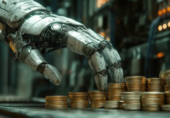 Poster - Robotic Hand Reaching for Stacked Coins in Futuristic Laboratory Environment Demonstrating Automation and Financial Technology Concepts