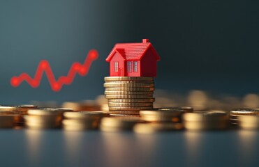 Poster - Small Red House Model on Gold Coins with Rising Graph Indicating Real Estate Investment and Financial Growth Concepts for Impressive Marketing Strategies