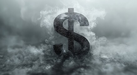 Poster - Smoke and mist surrounding a textured dollar sign in a surreal and atmospheric setting, representing finance, wealth, and economy concepts