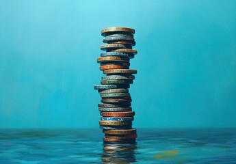 Poster - Stack of Colorful Coins Reflecting on Calm Water with Blue Background Illustrating Wealth, Prosperity, and Financial Growth in an Artistic Style