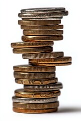 Poster - Stack of Various Coins Featuring Different Textures and Colors Against a Clean White Background for Financial and Economic Concepts