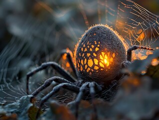 Illuminated spider glows dark forest web