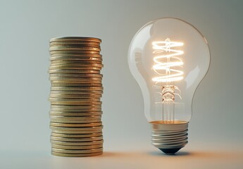 Poster - Stacked coins beside a glowing light bulb symbolizing innovative ideas, financial growth, and investment in creativity for business development and success