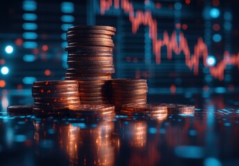 Poster - Stacked Coins in Front of Digital Stock Market Graph Displaying Financial Trends, Investment Strategies, and Economic Growth Futures