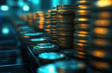 Poster - Stacked Coins in Soft Lighting Creating a Wealth and Prosperity Concept for Financial Growth and Investment Background with a Modern Touch