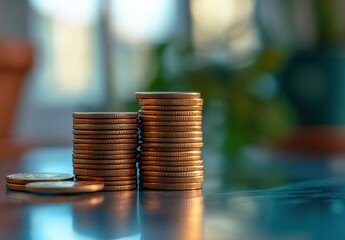 Poster - Stacked Coins in Soft Focus with Gentle Light, Symbolizing Wealth, Investment, and Financial Growth in a Cozy Indoor Setting