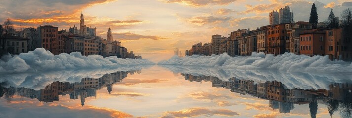 Wall Mural - Sunset cityscapes float on clouds reflecting in water.