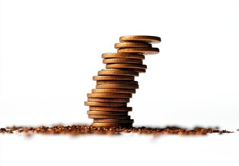 Poster - Stacked Coins Leaning on a Pile of Brown Granules Creating a Concept of Finance, Wealth, and Economic Growth in Minimalist Style