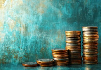 Poster - Stacked coins on a textured turquoise background showcasing wealth, investment, and financial growth in a modern aesthetic setting for stock photography use