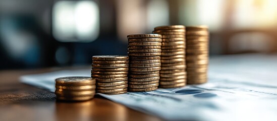 Poster - Stacked Coins on a Wooden Table with a Blurred Background Representing Financial Growth and Investment Strategies in a Modern Setting