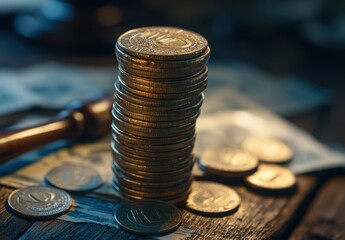 Poster - Stacked Coins on Wooden Table with Gavel and Currency in Background, Symbolizing Law, Finance, Justice, Economy, and Wealth in Professional Setting