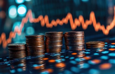 Poster - Stacked Coins Reflecting Financial Growth on Trading Chart with Blurred Background, Symbolizing Investment Success and Economic Trends in Stock Market