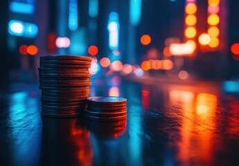 Poster - Stacked Coins Reflecting Colorful Neon Lights in Urban Night Setting with Blurred City Background Depicting Finance and Investment Concept
