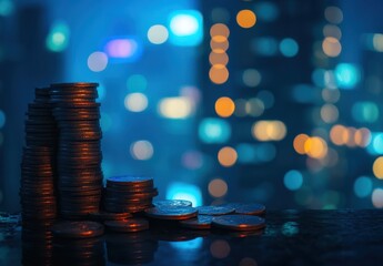 Poster - Stacked Coins with Blurred City Lights in the Background, Symbolizing Wealth, Investment, and Financial Success in a Modern Urban Environment at Night