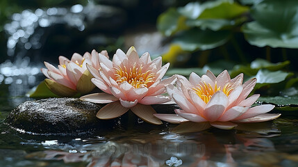 Wall Mural - Tranquil pink water lilies bloom near cascading waterfall, serene garden