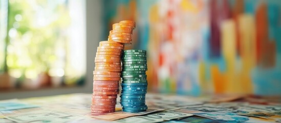 Poster - Stacked Colorful Casino Chips and Dollar Bills on Table with Abstract Background in Bright Daylight for Financial and Gambling Themes