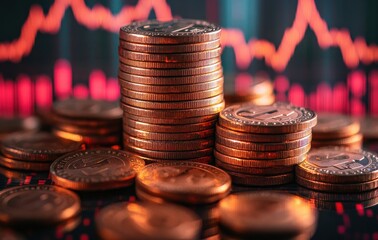 Poster - Stacked copper coins on a blurred financial chart background with upward and downward trends in red and green, representing monetary growth and investment strategies