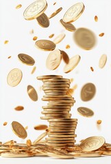 Poster - Stacked Gold Coins with Falling Coins Creating a Dynamic Financial Scene on a Bright Background for Business and Investment Themes