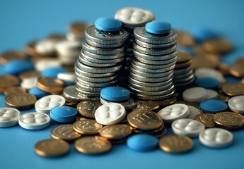 Poster - Stacks of coins and colorful pills on a blue background symbolizing financial transactions, pharmaceuticals, and economic considerations in modern life