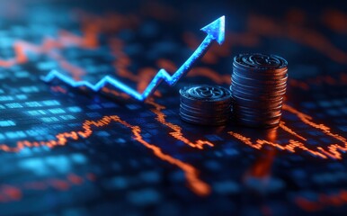 Poster - Stacks of Coins on Stock Market Graph with Arrow Indicating Growth and Financial Success in Investment Trends and Economic Analysis Visual Representation