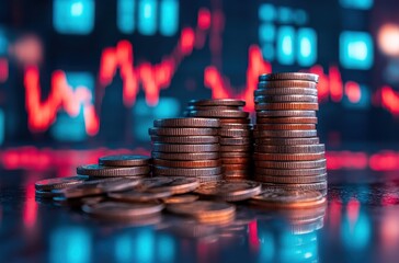 Poster - Stacks of Coins on Reflective Surface with Abstract Financial Graph in Background Indicating Investment Growth and Economic Trends in Colorful Design