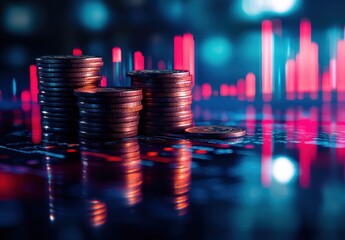 Poster - Stacks of coins on digital finance background with glowing charts and vibrant colors indicating economic growth and investment opportunities in cryptocurrency