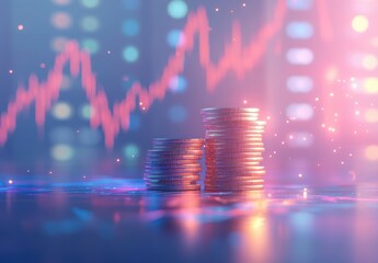 Poster - Stacks of Coins with Abstract Financial Graph in Background, Symbolizing Investment Opportunities and Economic Growth in a Digital Environment