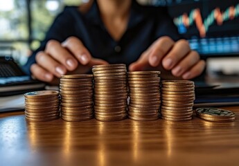 Poster - Stacks of Coins with Business Analysis in Background, Investor Reviewing Financial Charts for Investment Opportunities and Economic Trends, Office Setting