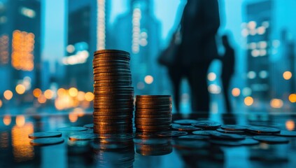 Poster - Stacks of Coins with Blurred City Lights in Background, Representing Finance, Investment, Wealth, and Urban Lifestyle at Dusk or Night