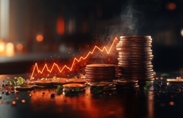 Poster - Stacks of coins with glowing graph line background showing financial growth and investment success in a dark, ambient setting with reflections