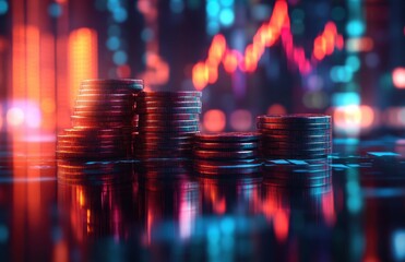 Poster - Stacks of coins with glowing lights and a financial graph background creating a futuristic investment and technology atmosphere