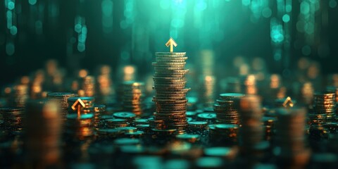 Poster - Stacks of Coins with Growth Arrows, Symbolizing Financial Success, Investments, Wealth Creation, Prosperity, and Economic Growth in a Glowing Background