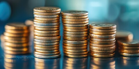 Poster - Stacks of Golden Coins Reflecting Soft Light, Showcasing Wealth, Investment, and Prosperity in a Captivating Macro Perspective on a Gleaming Surface
