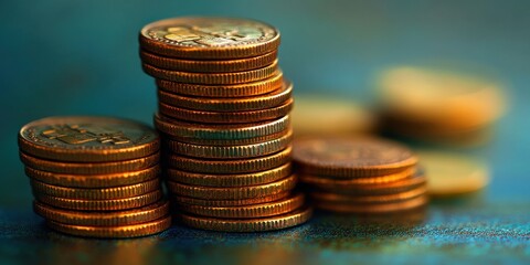 Poster - Stacks of Shiny Coins on a Vibrant Surface, Showcasing Reflections and Textures in a Close-Up Shot of Currency for Financial Concepts and Investments