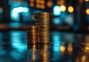 Poster - Stacks of shiny gold coins reflecting light in a blurred background, showcasing wealth and investment opportunities in a modern financial setting