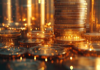 Poster - Stacks of shiny gold coins reflecting light on a surface with soft bokeh effect creating a luxurious atmosphere for financial and investment themes