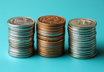Poster - Stacks of silver and gold coins on a vibrant turquoise background, representing wealth, savings, and financial growth in a modern setting
