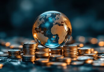 Poster - Stunning Glass Globe Over Golden Coins with Soft Focus Background Depicting Global Economy and Financial Growth