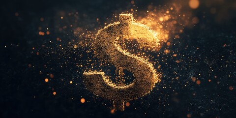 Poster - Stunning Metallic Gold Dollar Sign Made of Glittering Particles on a Dark Background for Financial Concepts and Wealth Visuals