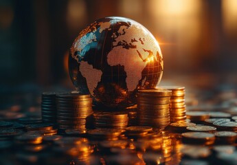Poster - Stunning Globe with Golden Coins Displaying Global Currency in a Financial Concept, Signifying Wealth and Investment Opportunities in Modern Economy