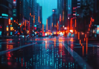 Poster - Urban Night Scene with Abstract Financial Graph Overlaid on Rain-Slicked Street Reflecting Colorful City Lights and Trading Data Visualization