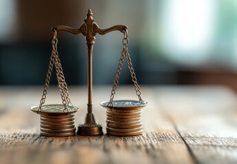 Poster - Vintage brass balance scale with coins on wooden table, symbolizing finance, economy, wealth distribution, and monetary value in a soft-lit environment